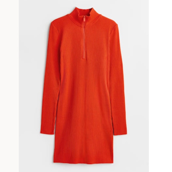 H&M bright orange rib knit half zip bodycon mini dress NWT - Picture 1 of 7
